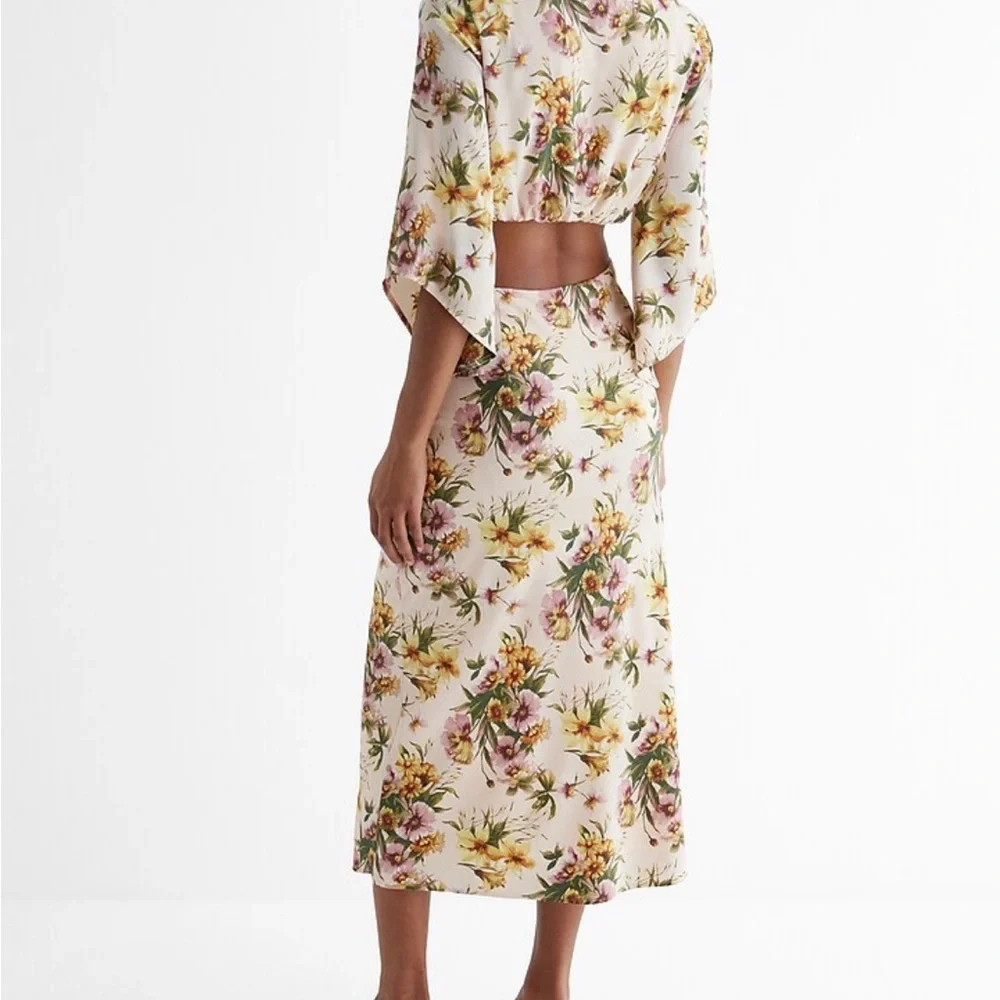 Express Satin Floral V-Neck Tie Front Cutout Midi Dress - Picture 3 of 9